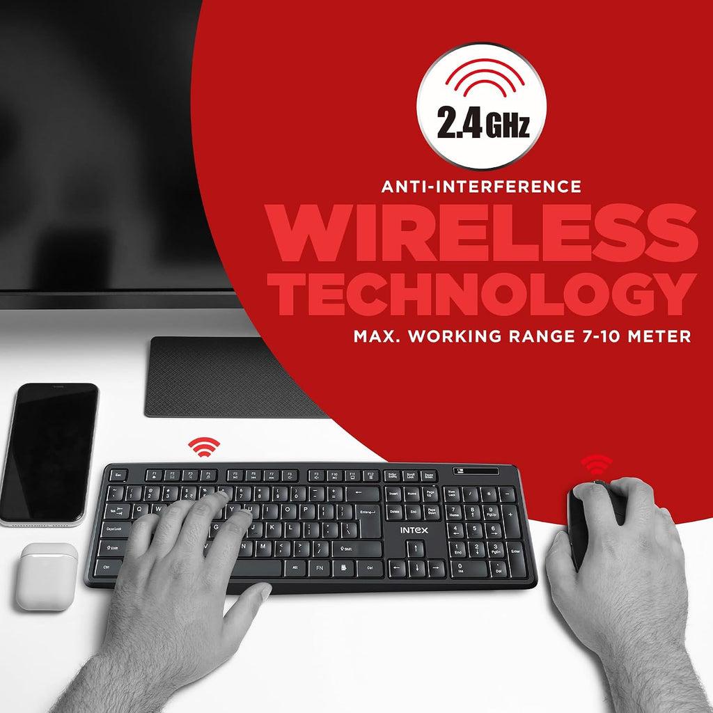 Intex 2.4GHz Wireless Keyboard and Mouse Combo | 104 Keys, 4 Button Mouse | 1600 DPI | 10M Range, Nano USB Receiver Plug & Play | Ergonomic & Soft Keys (Black)