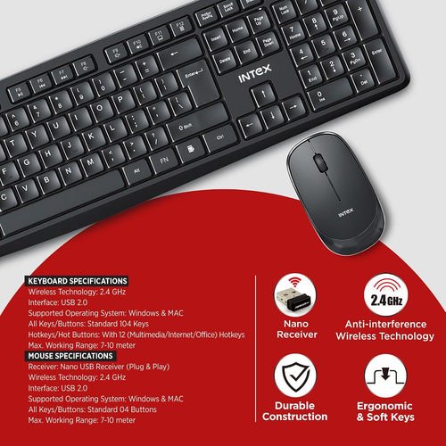 Intex 2.4GHz Wireless Keyboard and Mouse Combo | 104 Keys, 4 Button Mouse | 1600 DPI | 10M Range, Nano USB Receiver Plug & Play | Ergonomic & Soft Keys (Black)