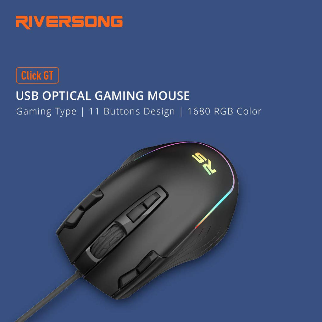 Riversong Click GT GM02C Wired Optical Mouse, 2500 DPI, RGB LED Gaming Mouse with 7 Buttons & Fire Button, Ergonomic Mouse for Laptop PC Computer