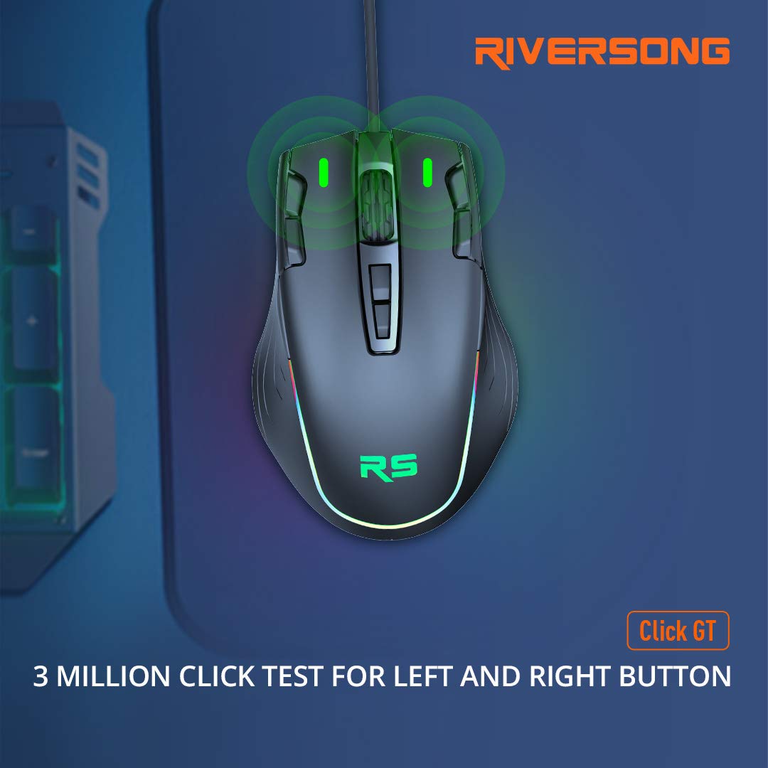 Riversong Click GT GM02C Wired Optical Mouse, 2500 DPI, RGB LED Gaming Mouse with 7 Buttons & Fire Button, Ergonomic Mouse for Laptop PC Computer