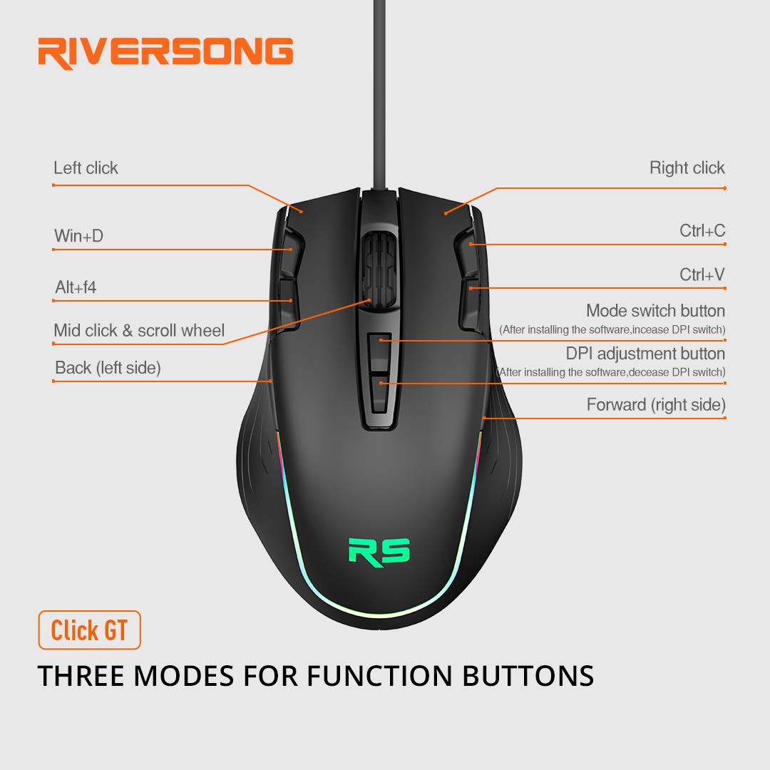 Riversong Click GT GM02C Wired Optical Mouse, 2500 DPI, RGB LED Gaming Mouse with 7 Buttons & Fire Button, Ergonomic Mouse for Laptop PC Computer
