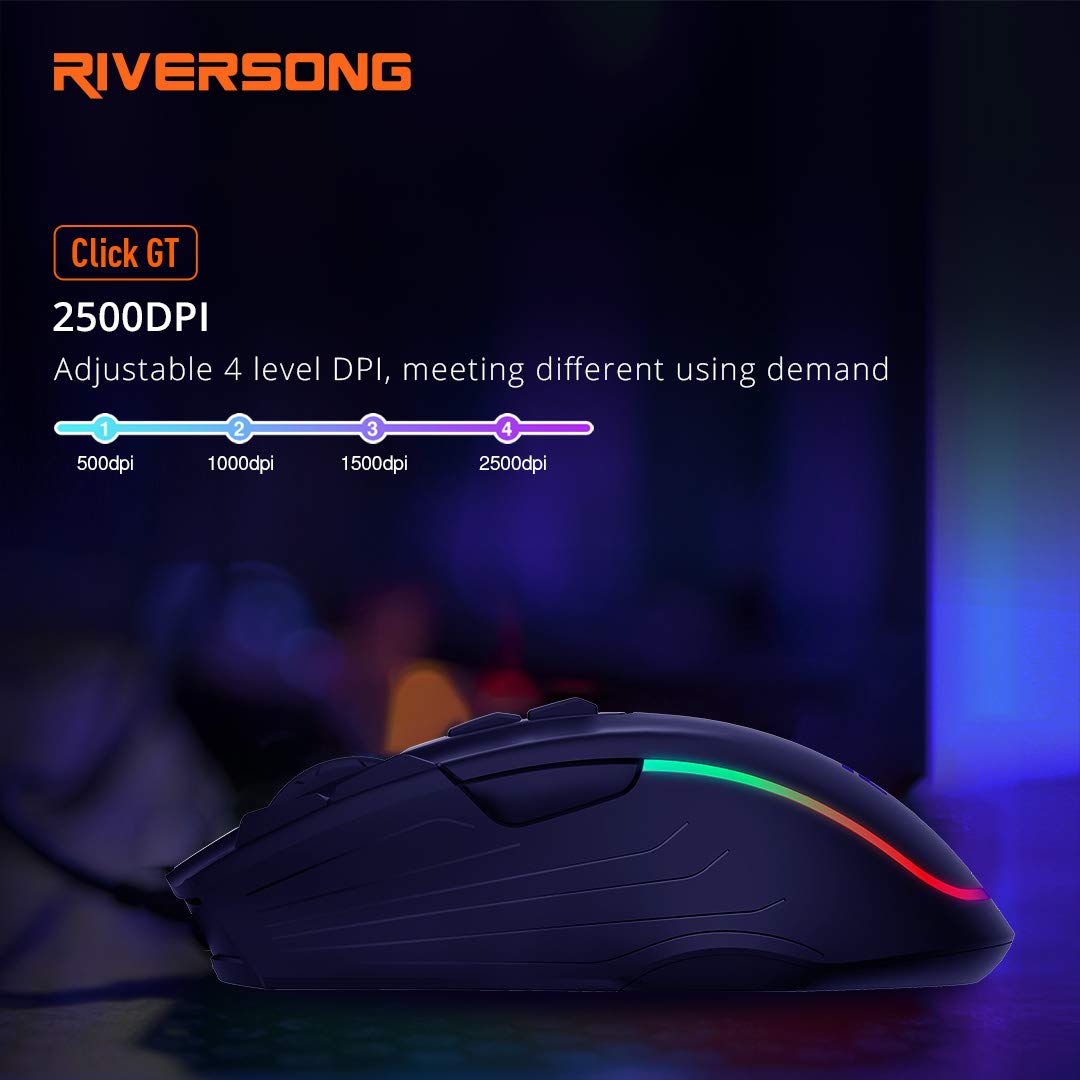 Riversong Click GT GM02C Wired Optical Mouse, 2500 DPI, RGB LED Gaming Mouse with 7 Buttons & Fire Button, Ergonomic Mouse for Laptop PC Computer