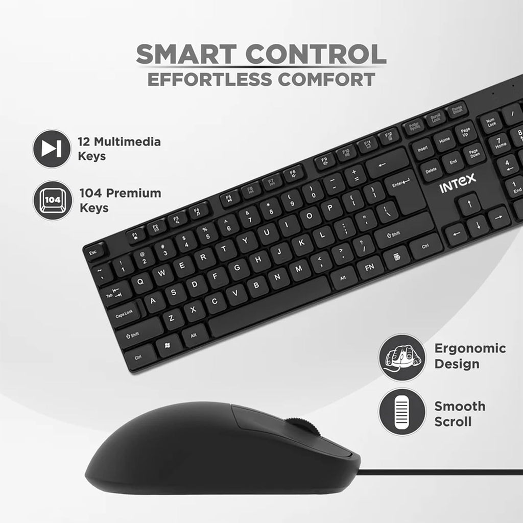 Intex Wired Combo Click & Type (Smile IT-KBM888) USB Keyboard & Mouse Combo | 104 Keys Keyboard | 1200 DPI Optical Mouse | Spill Resistant | 12 Multimedia Keys | Plug & Play for PC, Laptop & Desktop
