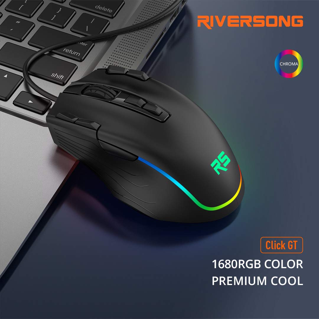 Riversong Click GT GM02C Wired Optical Mouse, 2500 DPI, RGB LED Gaming Mouse with 7 Buttons & Fire Button, Ergonomic Mouse for Laptop PC Computer